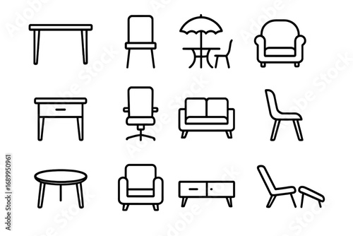 Furniture outline icon set. Modern home and office interior design elements. Vector line art collection with table, chair, sofa, desk, armchair, and outdoor seating icons.