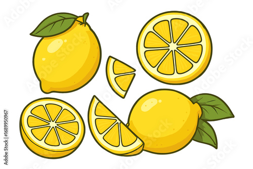 Lemon fruit set vector cartoon illustration. Fresh juicy lemons, slices, and wedges. Citrus icons for food, drink, and lemonade. Healthy organic ingredient with vitamin C.