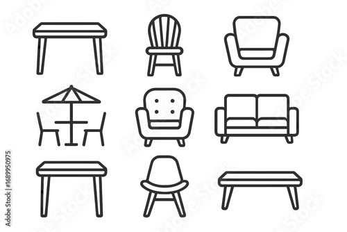 Furniture line icon set for interior design. Vector collection of modern home symbols: chair, table, sofa, armchair, and outdoor seating. Minimalist outline pictogram pack.