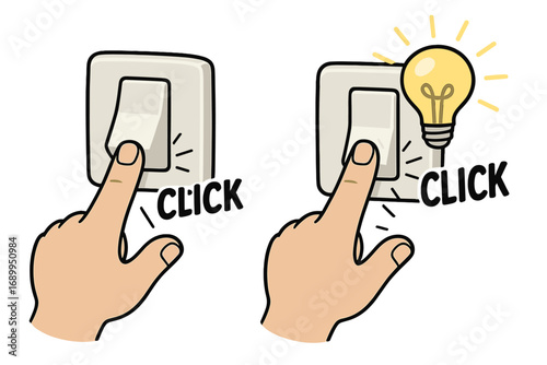 Hand turning light switch on and off with click sound. Vector concept of idea, innovation, energy, and power. Electric button press for solution or inspiration. Cartoon set.
