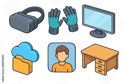 Isometric tech icon set for virtual reality and business. VR headset, haptic gloves, monitor, cloud storage, user avatar, and office desk. Vector cartoon illustration elements.