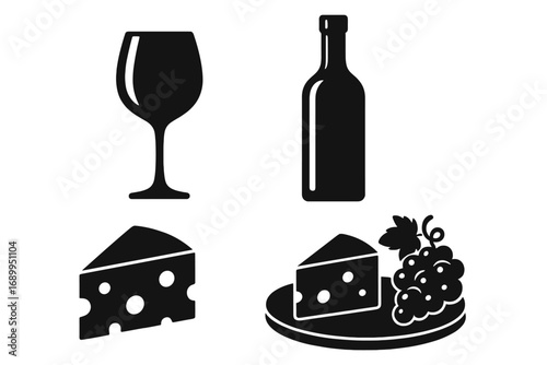 Set of wine and cheese tasting icons. Elegant black silhouettes of wine glass, bottle, cheese wedge, and grapes on a platter. Vector illustration for gourmet dining or appetizer concepts.