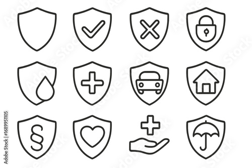 Insurance and protection line icon set. Vector shields for security, health, life, car, and home insurance. Concepts of safety, guarantee, risk, and legal coverage.