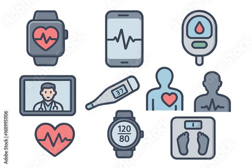 Health technology icon set. Digital health, telemedicine, medical devices for healthcare. Vector icons for monitoring, smartwatch, glucose meter, EKG, blood pressure tracker.