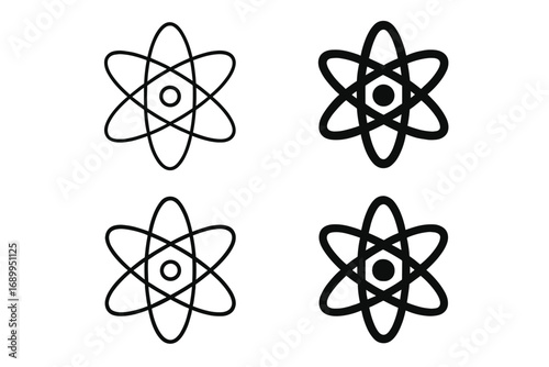 Atom icon set. Atomic science symbol collection. Vector logo for physics, nuclear energy, chemistry. Outline and solid style atom illustrations. Scientific particle concept.