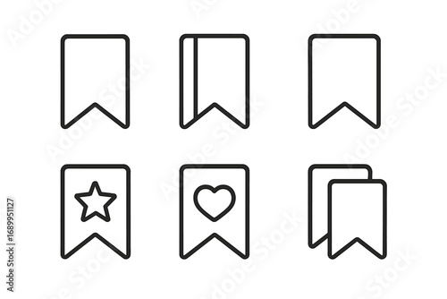 Bookmark line icon set. Save, favorite, tag symbols. Vector collection for web and app UI UX design. Minimalistic linear pictogram with heart and star. Marker, label signs.