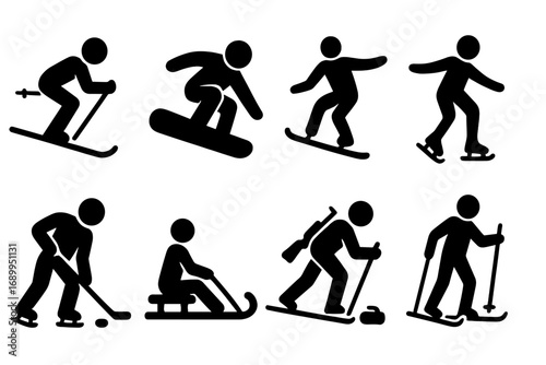 Winter sports icon set. Vector silhouettes for skiing, snowboarding, ice skating, hockey, biathlon, curling, and sledding. Athlete pictograms for olympic winter games.