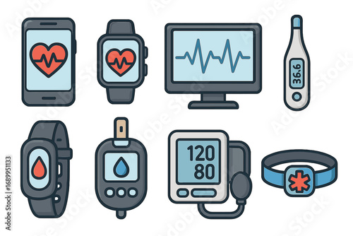 Health technology icon set. Digital health monitoring devices for modern healthcare solutions. Vector cartoon illustration of smartwatch, glucometer, blood pressure, ECG screen.