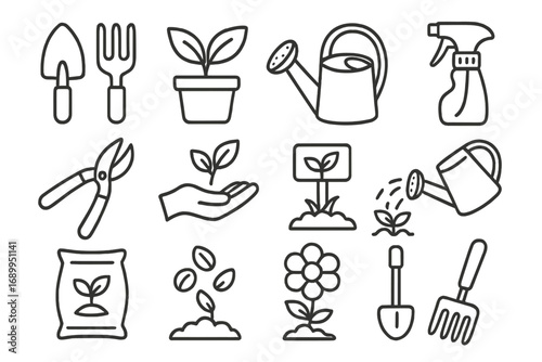 Gardening tools and plant care outline icon set. Vector linear symbols for cultivation, watering, and growth. Horticulture equipment pictogram collection for garden work essentials.