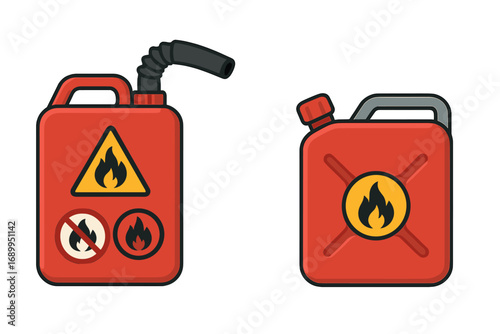 Set of red fuel canisters. Gas can, jerrycan vector illustration. Flammable liquid container with safety warning sign. Danger, fire hazard concept. Petrol, diesel storage.