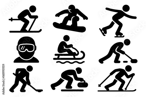 Winter sports icons collection. Vector symbols set. Black silhouette pictograms. Skiing, snowboarding, ice skating, hockey, curling, luge, sledding. Athlete characters.