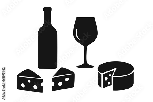 Wine and cheese silhouette icon set. Vector graphic for gourmet food, wine tasting, restaurant menu or appetizer. Elegant dining concept with bottle, glass and cheese wheel.