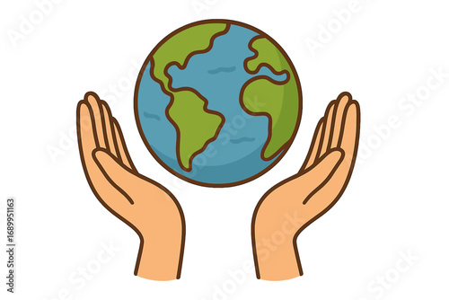 Earth Globe Held by Caring Hands Illustration, Isolated Vector Cartoon Design for Websites, Books, Cards, and Apps with Transparent Background, Environmental Protection Concept