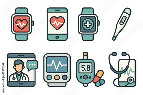 Health technology icon set. Digital health monitoring and medical devices for modern healthcare solutions. Telemedicine, online doctor, smartwatch, glucometer vector cartoon illustration.