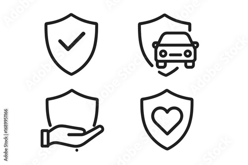 Insurance line icon set. Shield symbol for protection, safety and security. Car insurance, health insurance, life insurance concepts. Vector outline icons for trust and guarantee.
