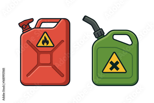 Fuel canisters vector illustration. Red jerrycan for gasoline with a flammable warning sign. Green gas can for diesel with a hazardous symbol. Isolated icon set for industry.