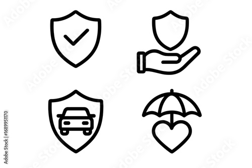 Insurance icon set vector. Shield, car, and health protection symbols. Concept of safety, security, and guarantee. Life, auto, and medical insurance. Modern minimalist line art for web design.