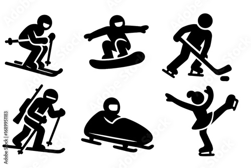 Winter sports icon set. Vector silhouettes of athletes. Skiing, snowboarding, ice hockey, figure skating, bobsled, biathlon. Active lifestyle symbols for design elements.
