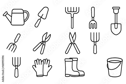 Gardening tools line icon set. Essential garden and farm equipment linear style collection. Vector icons for agriculture, horticulture, and planting. Simple outline pictograms.