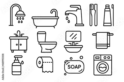 Bathroom line icon set. Home hygiene and washing outline icons. Vector illustration collection of restroom furniture, toilet, shower, bath, sink, soap and toothbrush symbols.