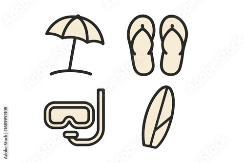 Summer beach vacation icon set. Minimalist vector line art collection of surfboard, snorkel, flip flops and umbrella. Simple cartoon illustration for travel & seaside concepts.