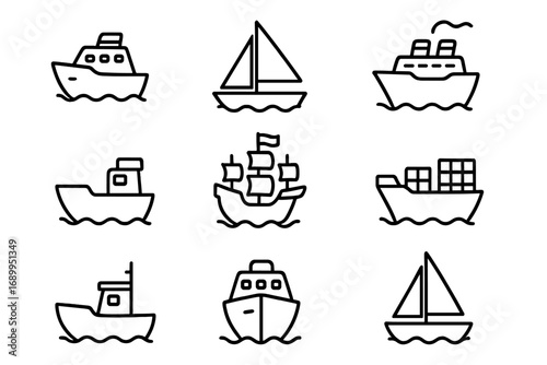Ship and boat line icon set. Vector outline symbols for web and graphic design. Includes cruise ship, sailboat, cargo vessel, ferry. Linear pictogram collection isolated.