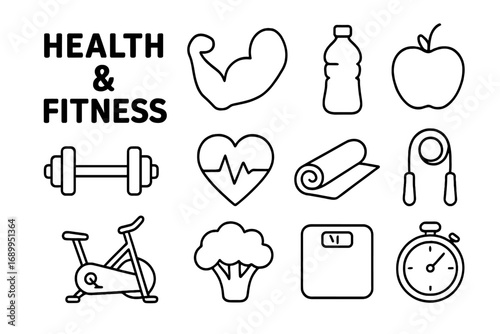Health and fitness line icon set. Vector outline icons for wellness, nutrition, exercise. Collection includes dumbbell, apple, scale, heart, bike, stopwatch. Healthy lifestyle concept.