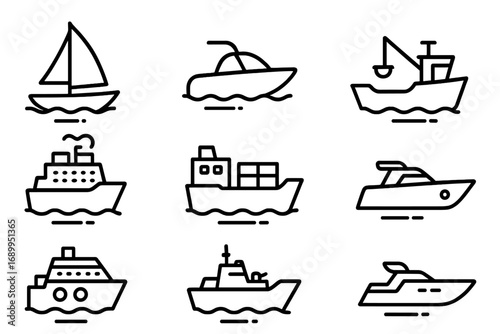 Ship line icon set. Sea and ocean transportation outline symbols. Vector collection of boat, yacht, sailboat, cruise liner, cargo ship, ferry, and fishing trawler signs.