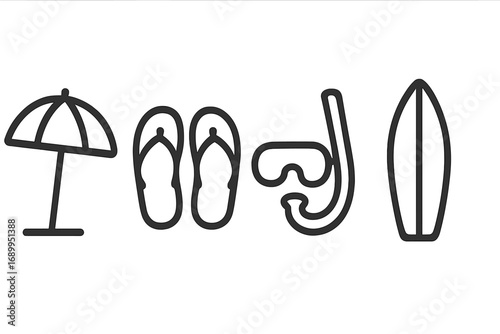 Minimalist beach icons set with umbrella, flip flops, snorkel, and surfboard. Simple line art vector illustration. Concept for summer vacation, travel, and seaside recreation.