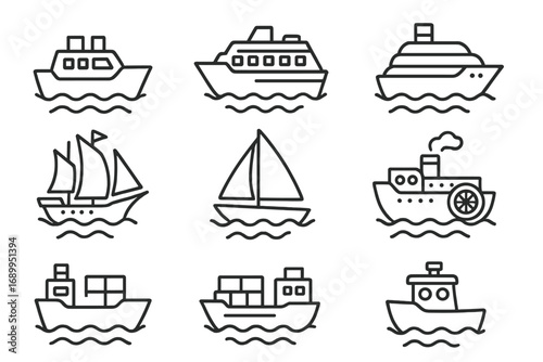 Ship and boat line icon set. Maritime transport collection. Vector outline signs for web and graphic design. Cruise liner, cargo ship, sailboat, ferry, steamer pictograms.