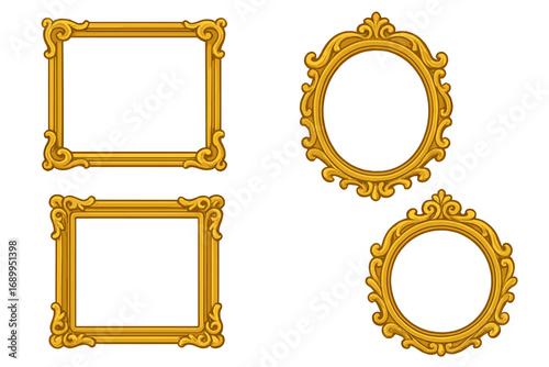 Gold frame set. Golden vintage baroque mirror or picture frames. Elegant decorative classic borders. Ornate oval & rectangle luxury design elements. Vector illustration isolated.
