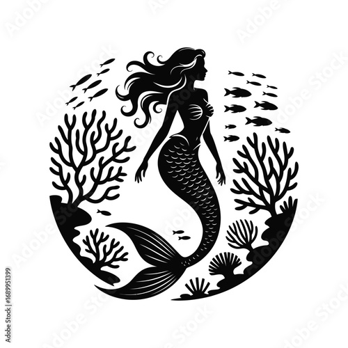 Enchanting Mermaid Silhouette Illustration Amidst Coral Reefs and Fish in Ocean Depths
