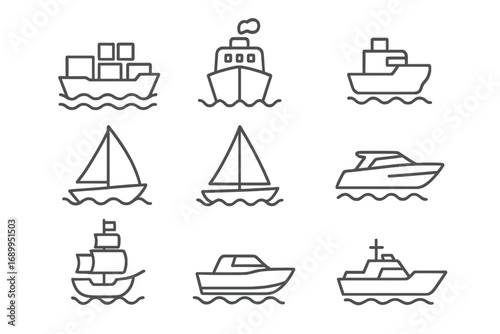 Ship and boat thin line icon set. Vector outline signs for graphic and web design, apps. Includes cargo ship, sailboat, yacht, cruise liner, galleon. Maritime transport symbols.