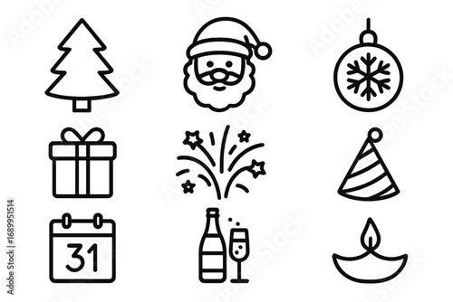 Holiday celebration universal line icon set. Christmas, New Year, and Diwali symbols. Vector outline icons collection with Santa, gift, fireworks, diya lamp, and party elements.