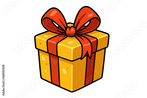 Yellow gift box with red ribbon bow. Vector cartoon illustration for celebration, birthday, Christmas, or anniversary. Present surprise concept for holiday greeting design.
