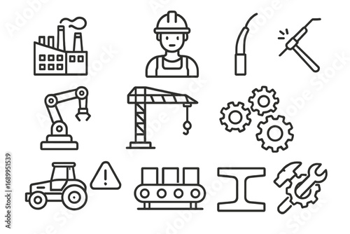 Industry manufacturing line icon set. Heavy industry, factory, construction and engineering symbols. Production concepts: worker, crane, robotic arm, conveyor belt, welding.