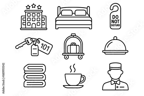Hotel essentials vector icon set. Hospitality and comfort outline style icons collection. Symbols for travel, accommodation, booking, vacation, room service, tourism, leisure.