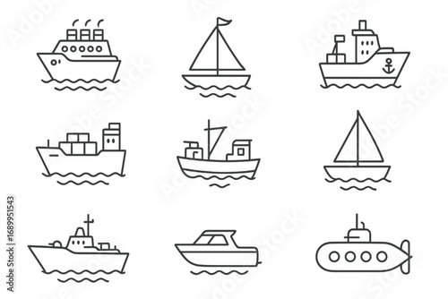 Ship and boat thin line icon set. Sea transport outline symbols. Marine collection for web design. Vector icons of cruise ship, sailboat, cargo, fishing boat, submarine, yacht.