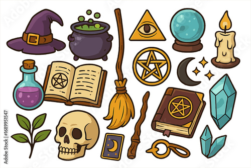 Witchcraft magic vector icon set. Cartoon collection of esoteric, occult and mystical symbols. Witch hat, spellbook, cauldron, crystal ball, skull, broomstick and potion.