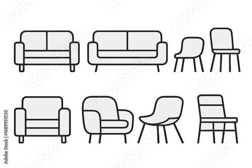 Vector furniture icon collection. Minimalist line art set of couch, sofa, armchair, and chair symbols. Modern interior design elements. Isolated simple outline illustration.