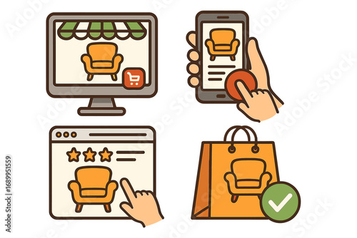 Furniture online shopping icon set. E-commerce concept for buying home decor via website or mobile app. Vector icons for checkout, customer review, and purchase confirmation.