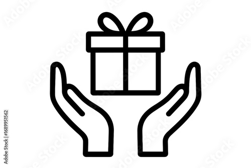 Hands holding a gift box icon, minimalistic outline vector illustration for web design, apps, banners, social media, greeting cards, and promotional graphics