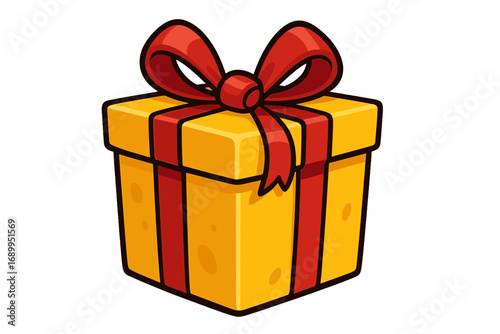Gift box cheese present concept. Yellow cartoon package with red ribbon bow. Vector icon for birthday, christmas, holiday, surprise, celebration, prize, award, sale, special offer.