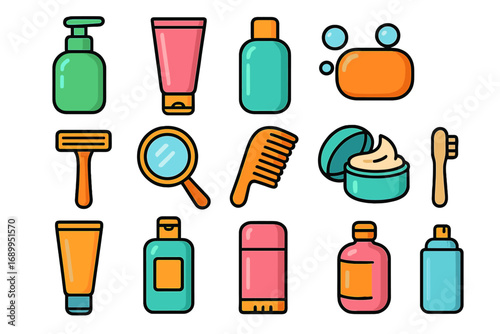 Colorful personal care product icons for hygiene & skincare routines. Vector cartoon illustration set of toiletries, cosmetics, and grooming items. Bathroom essentials collection.