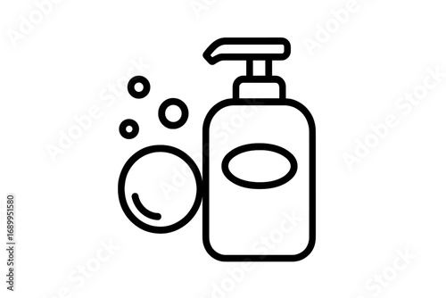 Liquid soap dispenser pump bottle icon. Hand wash, hygiene, cleanliness concept. Minimalist outline vector symbol for web, apps. Hand sanitizer, disinfection, personal care.