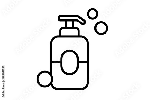 Liquid soap dispenser with pump and bubbles. Minimalistic outline icon concept for hygiene, sanitation, and cleanliness. Vector symbol for web, apps, and skincare products.