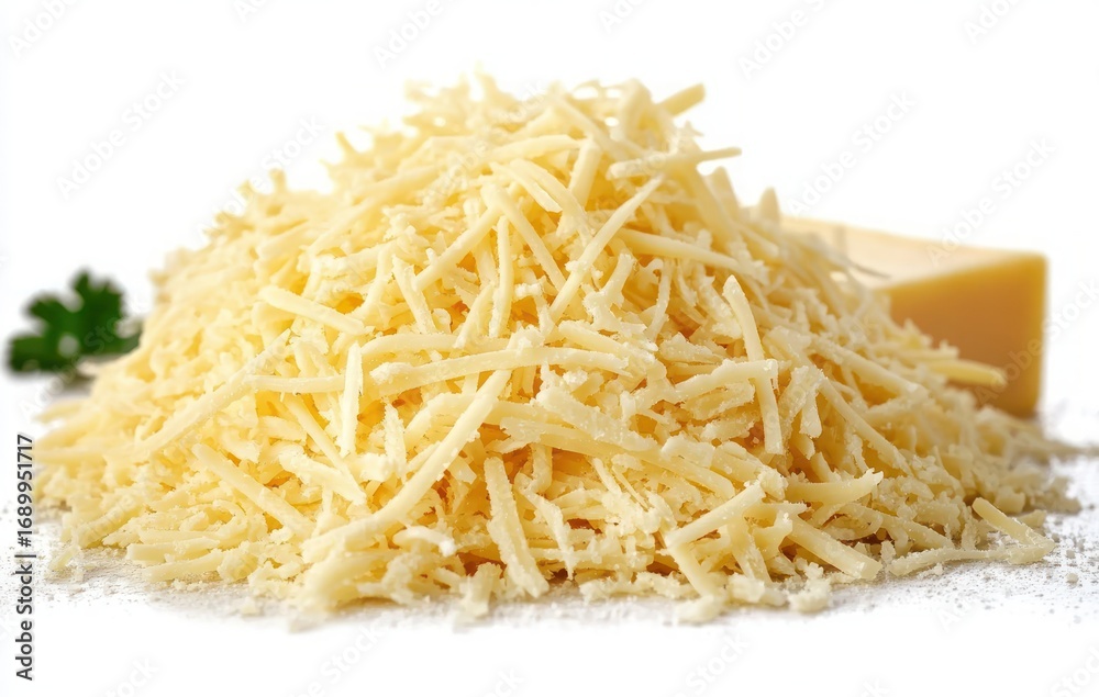 Close-up of a pile of finely shredded pale yellow cheese with a small cheese block and green herb in the background on a white surface Close-up of a pile of finely shredded pale yellow cheese with a small cheese block and green herb in the background on a white surface