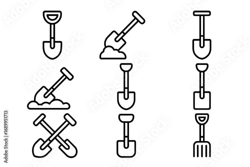 Vector shovel line icon set. Spade, pitchfork, digging in ground outline signs. Garden and construction work tool symbols for graphic and web design, apps, adverts, cards.