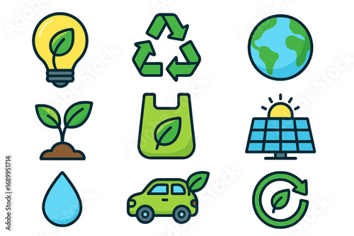 Environment icon set. Green energy and sustainability concept. Eco-friendly flat cartoon vector icons. Recycle, solar panel, electric car, plant, water, planet earth symbol.