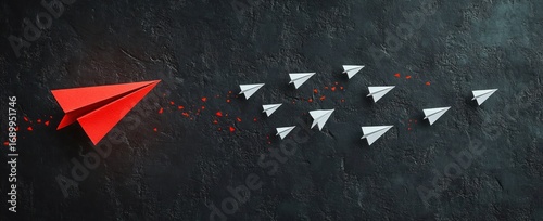 A large red paper airplane leads a group of smaller white paper airplanes flying in formation against a dark textured background, symbolizing leadership and teamwork